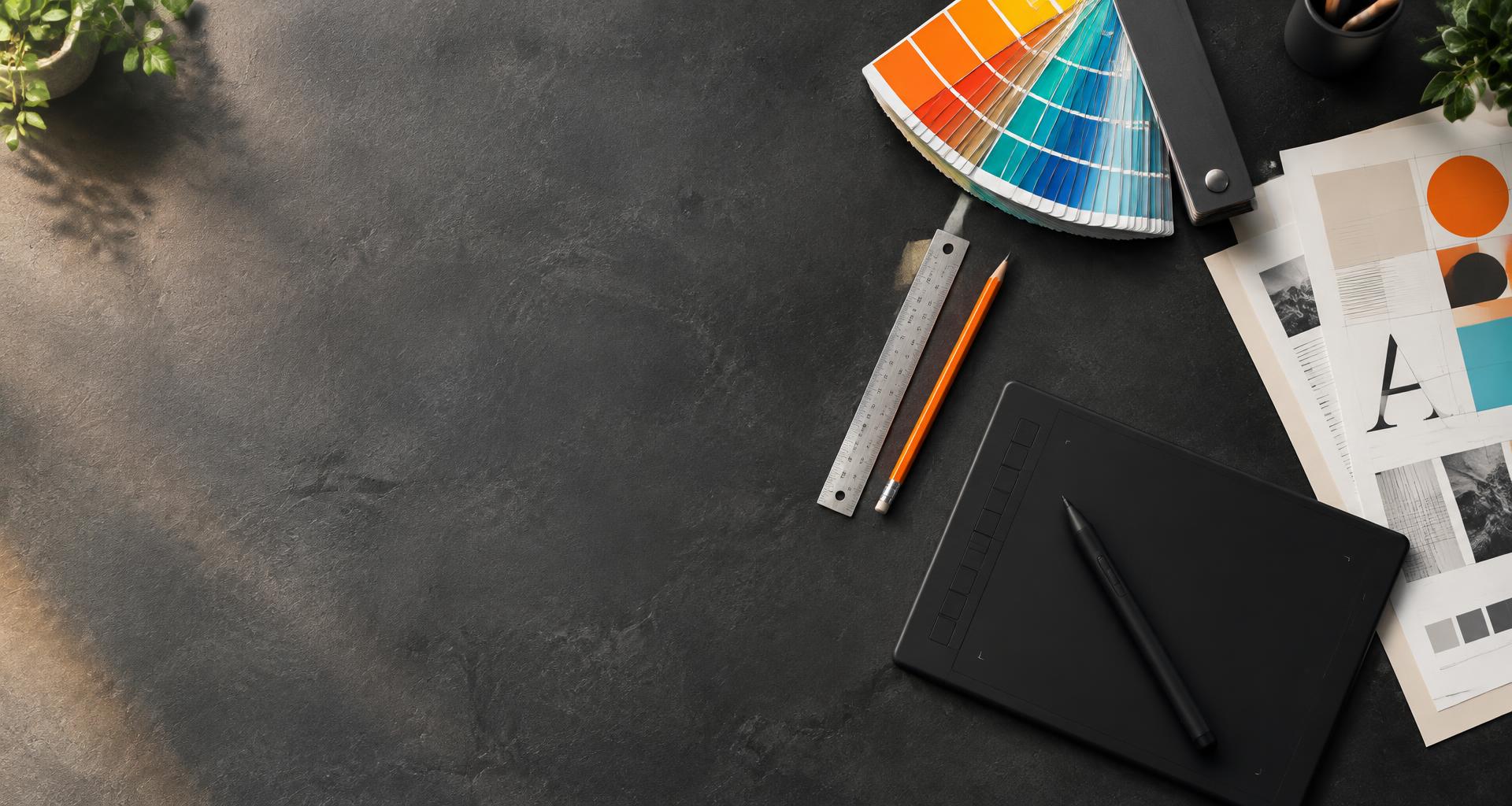 Arbeitsplatz mit Farbfächer, Grafiktablett und Drucklayouts